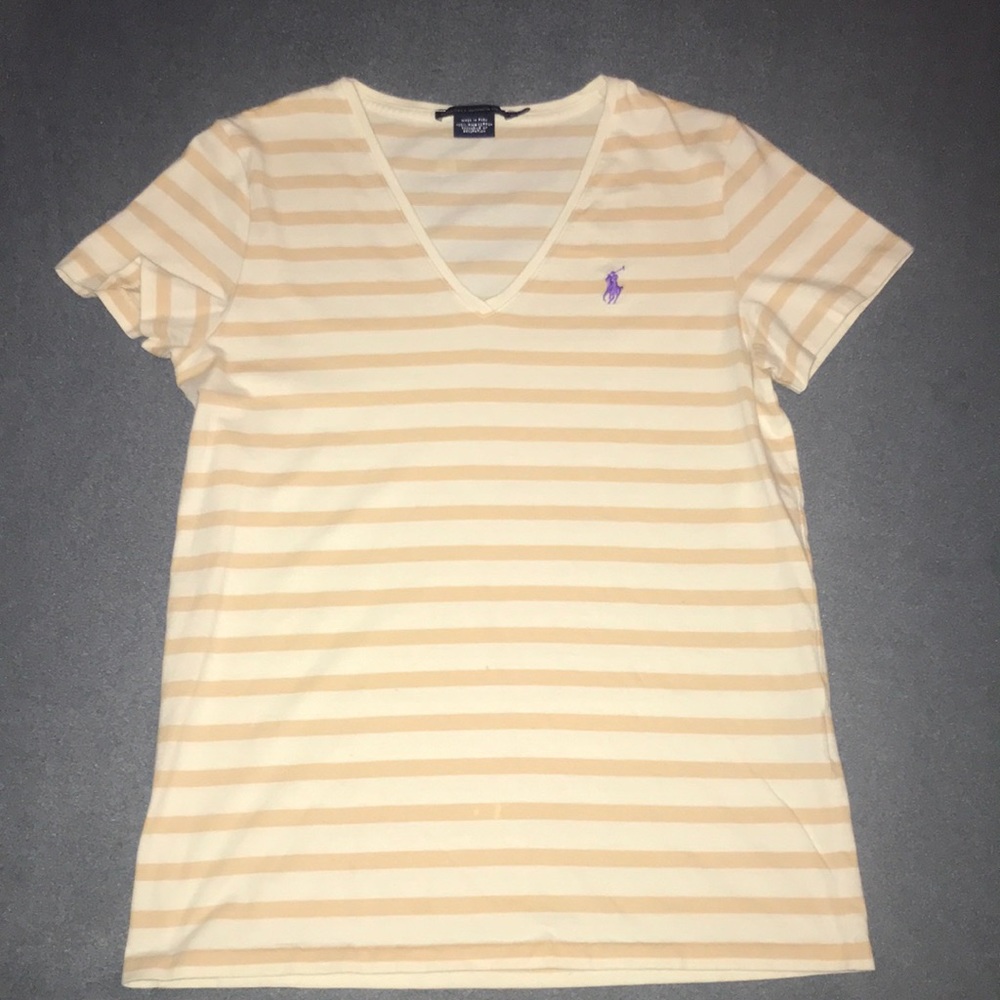 Tan and White Striped V-Cut Polo!